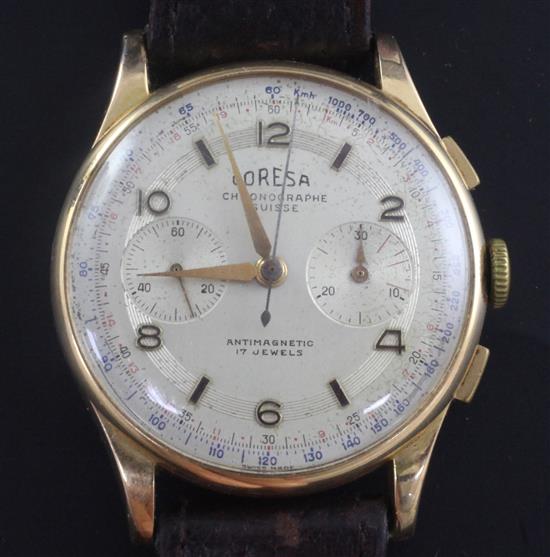 A gentlemans 18ct gold Coresa chronograph manual wind wrist watch,